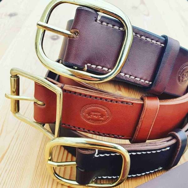 IMG 20210206 145021 301 scaled Hand-crafted leather belt. Made-to-measure from the finest English full grain leather. Hand-stitched. Leather colour: black, dark brown, chestnut, tan, or natural. Solid brass or nickel-plated buckle. Personalise - add embossed lettering for no additional cost. Eg, initials, name, nickname.