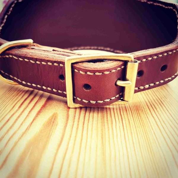 IMG 20210207 201931 259 scaled Hand-crafted leather lurcher collar. Made from the finest English full grain leather which is then lined for comfort. Hand-stitched. Leather colour: black, dark brown, chestnut, tan, or natural. Solid brass or nickel-plated hardware. Personalised - add your initials, dogs name, surname, postcode, or phone number.