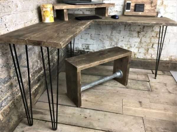 Bruntsfield  Desk - Corner Office Desk, Custom Made From Reclaimed Scaffold Boards And Hairpin Legs For Rustic, Industrial Look - Image 7