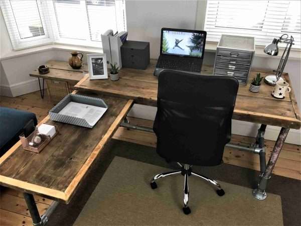 a1 scaled <p style="text-align: center">The office desk is a sleek and striking statement piece that will make the very best impression in your reception space or home office. Made from reclaimed scaffold boards with reclaimed heavy-duty steel scaffold tubes for legs.</p>