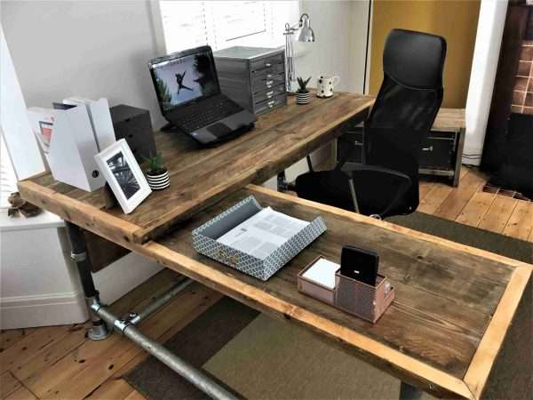 a3 scaled <p style="text-align: center">The office desk is a sleek and striking statement piece that will make the very best impression in your reception space or home office. Made from reclaimed scaffold boards with reclaimed heavy-duty steel scaffold tubes for legs.</p>
