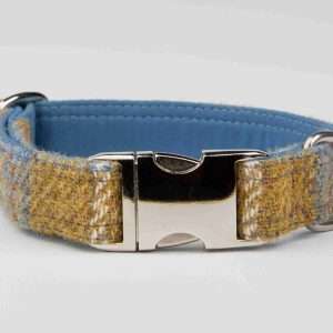 Collared Creatures Mustard & Blue Check Harris Tweed Luxury Dog Collar