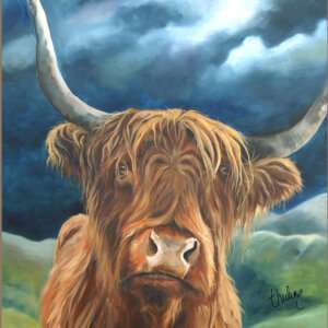 over the hills30x30deepwhitex2 s Good quality canvas print of a Highland cow painting, stretched on a deep canvas frame, The edges of the canvas are white. free postage in the UK