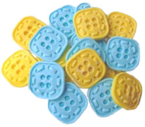 18 Blue yellow Square Buttonsjpeg If you’re looking for colourful edible shaped buttons to decorate your cupcakes and cakes then these are ideal for all your special occasions. Offering a choice of many single and mixed colours that are sure to please. Note: we also have heart shaped buttons in same colours for those who would like to have a mix of each. 18 square shaped buttons Approx Size: 20mm wide