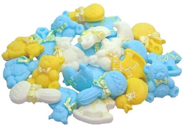 24 Blue A big hit with a baby shower is al If you are looking for cupcake toppers for decorations on your baby shower cupcakes or to us around a cake then this assortment of decorations will help. Available in an assortment of colours to suit a boy or girl and even neutral. Pack 24 edible assorted Baby Shower Cupcake Cake Topper Decorations suitable for boys or girls The contents are a mixture of teddies, ducks, rattles and rocking horses in the colours listed. All are ideal to decorate fairy cakes and or cupcakes. Approx Size: Assorted sizes around 2.5-3 cms