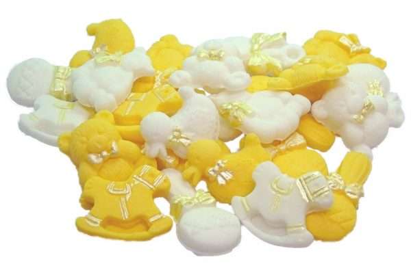 24 yellow Whitejpeg A big hit with a baby shower is al If you are looking for cupcake toppers for decorations on your baby shower cupcakes or to us around a cake then this assortment of decorations will help. Available in an assortment of colours to suit a boy or girl and even neutral. Pack 24 edible assorted Baby Shower Cupcake Cake Topper Decorations suitable for boys or girls The contents are a mixture of teddies, ducks, rattles and rocking horses in the colours listed. All are ideal to decorate fairy cakes and or cupcakes. Approx Size: Assorted sizes around 2.5-3 cms