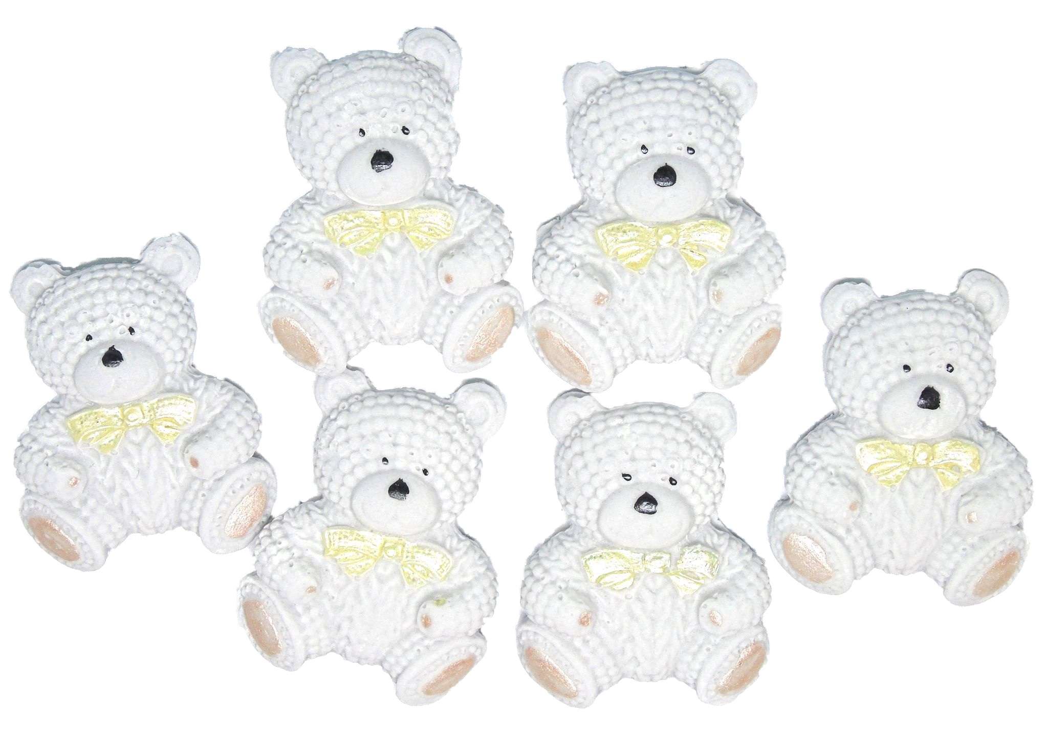 6 Grey knit teddysjpeg These  cute, knitted effect teddies will look great on your cupcakes and are sure to be a big hit with everyone and will look great on any Baby Shower, Birthday, or christening Cake or cupcakes. Available in either Grey Cream or Brown Approx Size: 4cm-3.5cm