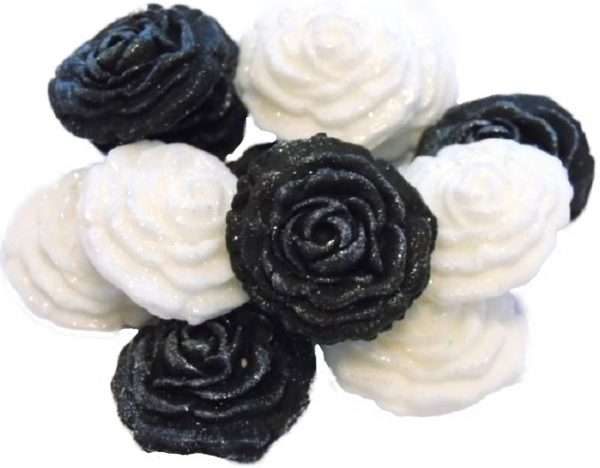 Inked12 Black white rosesjpeg LI This selection of edible small roses is shown in mixed sets, we do have them available in single colours under a separate listing. All are glittered and due to their size are extremely popular as cake fillers. These roses make Ideal cupcake and cake topper decorations for Weddings, Birthdays, Valentine and Anniversary. We hand make all our own decorations. Approx Size 2 cm