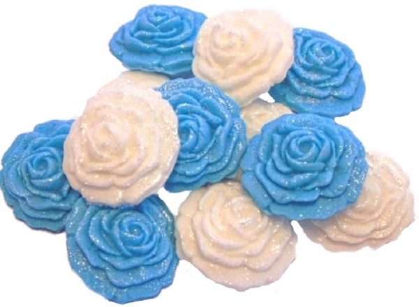 Inked12 Blue White roses jpeg LI This selection of edible small roses is shown in mixed sets, we do have them available in single colours under a separate listing. All are glittered and due to their size are extremely popular as cake fillers. These roses make Ideal cupcake and cake topper decorations for Weddings, Birthdays, Valentine and Anniversary. We hand make all our own decorations. Approx Size 2 cm