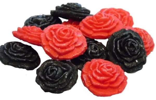 Inked12 Red Black rosesjpeg LI This selection of edible small roses is shown in mixed sets, we do have them available in single colours under a separate listing. All are glittered and due to their size are extremely popular as cake fillers. These roses make Ideal cupcake and cake topper decorations for Weddings, Birthdays, Valentine and Anniversary. We hand make all our own decorations. Approx Size 2 cm
