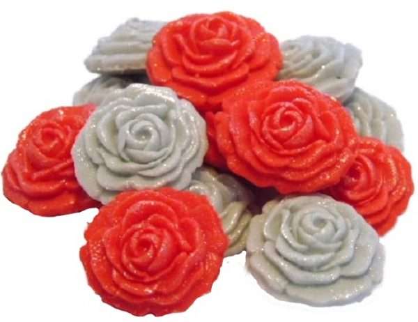 Inked12 Red Silver Rosesjpeg LI This selection of edible small roses is shown in mixed sets, we do have them available in single colours under a separate listing. All are glittered and due to their size are extremely popular as cake fillers. These roses make Ideal cupcake and cake topper decorations for Weddings, Birthdays, Valentine and Anniversary. We hand make all our own decorations. Approx Size 2 cm