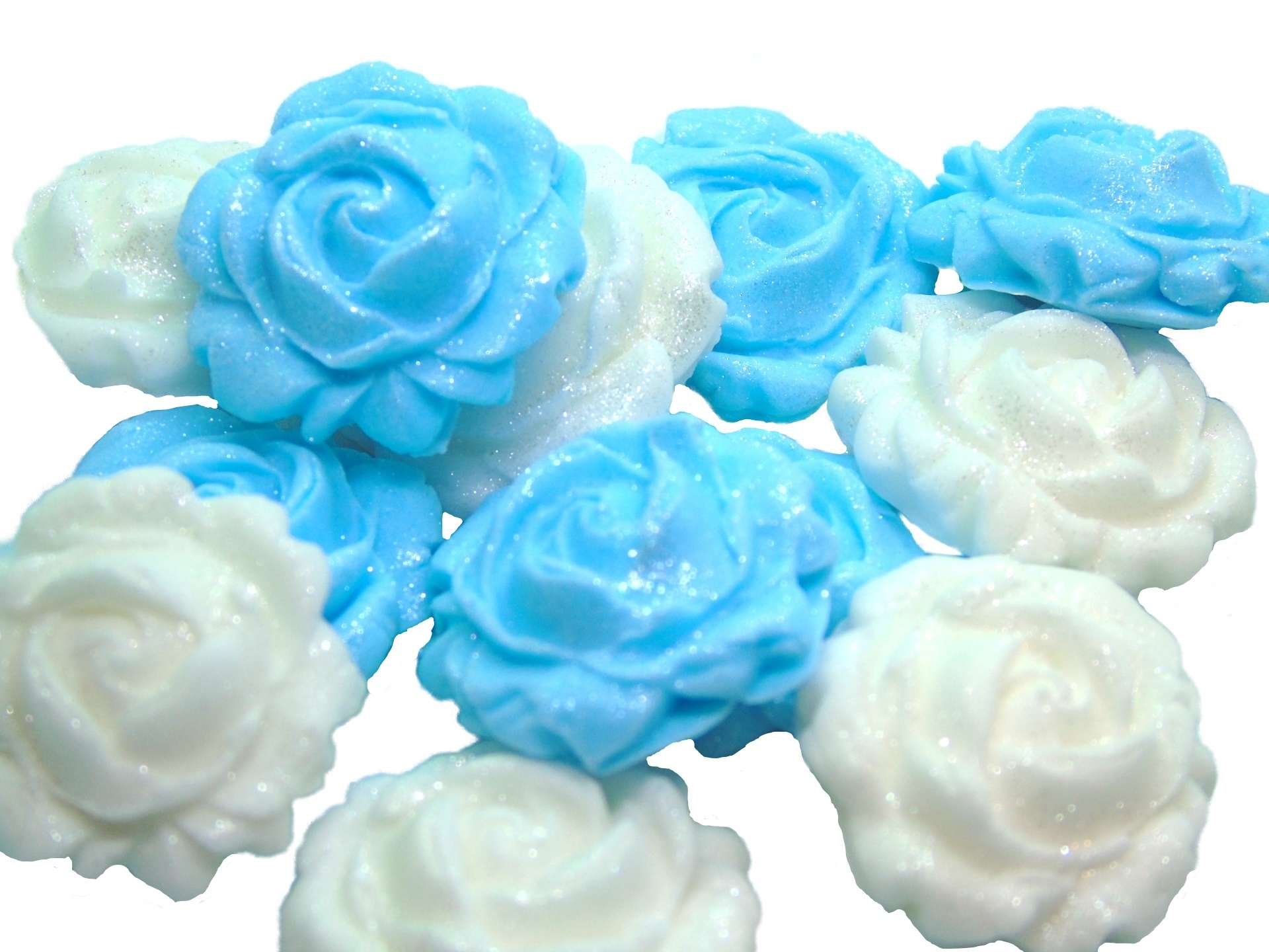 Inked12 new blue white roses jpeg LI Do you require cupcake toppers for your celebration bakes? Then choose from our wide selection of coloured, glittered and totally edible roses. They always go down well at parties. 12 Glittered Coloured Roses available in mixed colours We also have listing for single colours if required. These roses are also great cake fillers. Large selection of colours to choose from Approx Size 2.5 cm