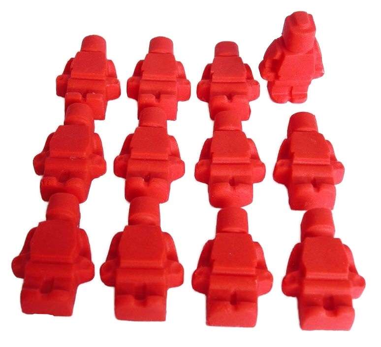 Inked12 red lego men JPEG LI Does your child love to play with bricks? Spending hours building forts and using its men to fight imaginary battles or simply saving others? Then these edible-coloured brick men will be a great addition to any cupcake toppers or cake decorations you make and are sure to be a great hit with everyone. 12 Brick Men Edible Boy Girls Birthday Cake Toppers will look great on any child's birthday cakes or cupcakes. Approx Size: 4 cm