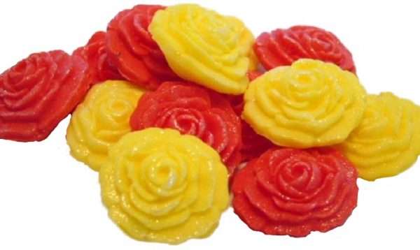 Inked12 red yellow Rosesjpeg LI This selection of edible small roses is shown in mixed sets, we do have them available in single colours under a separate listing. All are glittered and due to their size are extremely popular as cake fillers. These roses make Ideal cupcake and cake topper decorations for Weddings, Birthdays, Valentine and Anniversary. We hand make all our own decorations. Approx Size 2 cm