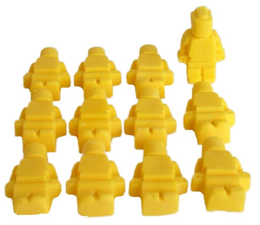 Inked12 yellow lego men JPEG LI Does your child love to play with bricks? Spending hours building forts and using its men to fight imaginary battles or simply saving others? Then these edible-coloured brick men will be a great addition to any cupcake toppers or cake decorations you make and are sure to be a great hit with everyone. 12 Brick Men Edible Boy Girls Birthday Cake Toppers will look great on any child's birthday cakes or cupcakes. Approx Size: 4 cm