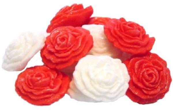 Inked1220Red20White20Rosesjpeg LI This selection of edible small roses is shown in mixed sets, we do have them available in single colours under a separate listing. All are glittered and due to their size are extremely popular as cake fillers. These roses make Ideal cupcake and cake topper decorations for Weddings, Birthdays, Valentine and Anniversary. We hand make all our own decorations. Approx Size 2 cm