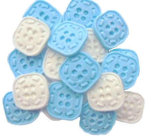 Inked18 Blue White Square Buttonsjpeg LI If you’re looking for colourful edible shaped buttons to decorate your cupcakes and cakes then these are ideal for all your special occasions. Offering a choice of many single and mixed colours that are sure to please. Note: we also have heart shaped buttons in same colours for those who would like to have a mix of each. 18 square shaped buttons Approx Size: 20mm wide