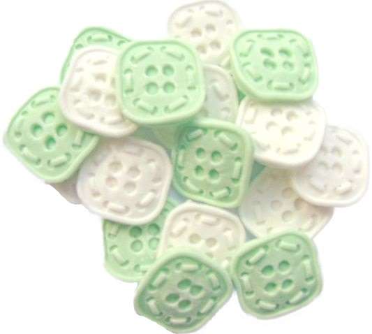 Inked18 Green White Square Buttonsjpeg LI If you’re looking for colourful edible shaped buttons to decorate your cupcakes and cakes then these are ideal for all your special occasions. Offering a choice of many single and mixed colours that are sure to please. Note: we also have heart shaped buttons in same colours for those who would like to have a mix of each. 18 square shaped buttons Approx Size: 20mm wide