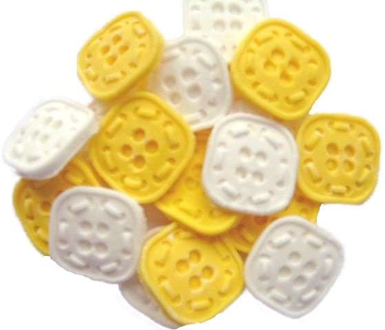 Inked18 Yellow White Square Buttonsjpeg LI If you’re looking for colourful edible shaped buttons to decorate your cupcakes and cakes then these are ideal for all your special occasions. Offering a choice of many single and mixed colours that are sure to please. Note: we also have heart shaped buttons in same colours for those who would like to have a mix of each. 18 square shaped buttons Approx Size: 20mm wide
