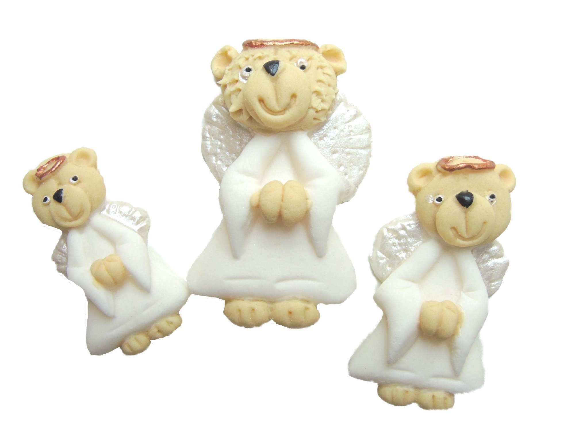 Inked320angels20jpeg LI Are you looking for something different to decorate your Christmas cakes with? Then these lovely Christmas Angel teddys make a great alternative and be a big hit with everyone. Pack of 3 Approx Sizes: 6 cm - 4 cm / 5 cm - 2.5 cm / 4cm - 2cm