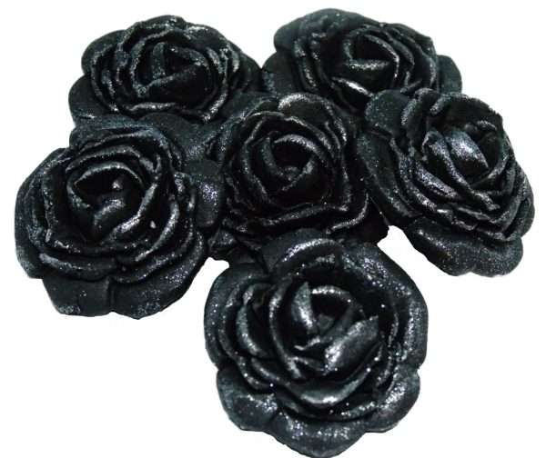 Inked6 Large Black These large roses look great on either cupcakes or added to your cake. We have slightly glittered them for an added appeal. As with all our decorations these are fully edible and ideal for all occasions. Other sizes are available within alternative listing. Approx Size 3.5 cm wide