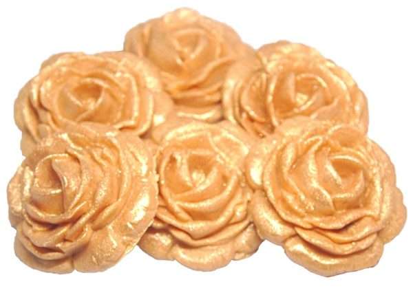 Inked6 Large Gold These large roses look great on either cupcakes or added to your cake. We have slightly glittered them for an added appeal. As with all our decorations these are fully edible and ideal for all occasions. Other sizes are available within alternative listing. Approx Size 3.5 cm wide