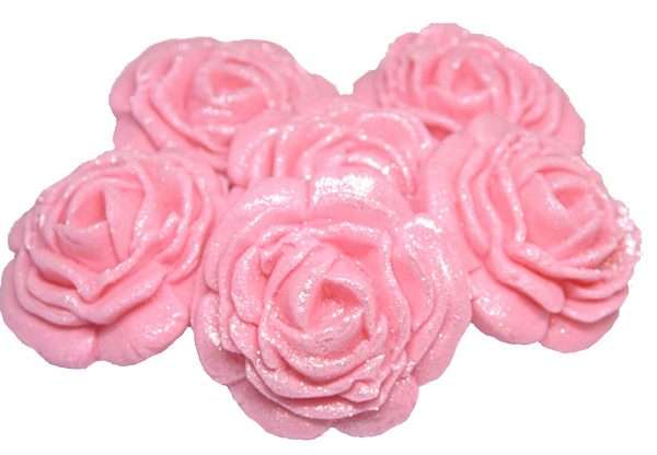 Inked6 Large Pink Rosesjpeg LI These large roses look great on either cupcakes or added to your cake. We have slightly glittered them for an added appeal. As with all our decorations these are fully edible and ideal for all occasions. Other sizes are available within alternative listing. Approx Size 3.5 cm wide