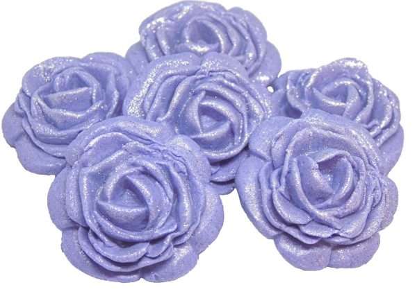 Inked6 Large Purple Rosesjpeg LI These large roses look great on either cupcakes or added to your cake. We have slightly glittered them for an added appeal. As with all our decorations these are fully edible and ideal for all occasions. Other sizes are available within alternative listing. Approx Size 3.5 cm wide