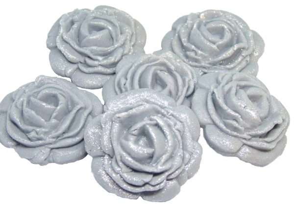 Inked6 Large Silver These large roses look great on either cupcakes or added to your cake. We have slightly glittered them for an added appeal. As with all our decorations these are fully edible and ideal for all occasions. Other sizes are available within alternative listing. Approx Size 3.5 cm wide