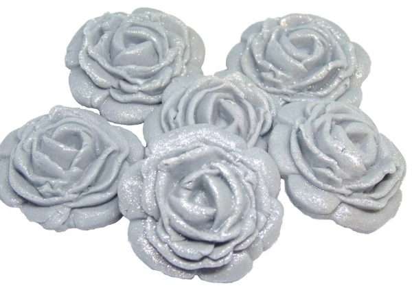 Inked6 Large Silver These large roses look great on either cupcakes or added to your cake. We have slightly glittered them for an added appeal. As with all our decorations these are fully edible and ideal for all occasions. Other sizes are available within alternative listing. Approx Size 3.5 cm wide