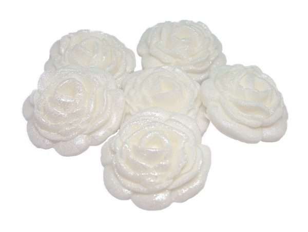 Inked6 Large White These large roses look great on either cupcakes or added to your cake. We have slightly glittered them for an added appeal. As with all our decorations these are fully edible and ideal for all occasions. Other sizes are available within alternative listing. Approx Size 3.5 cm wide