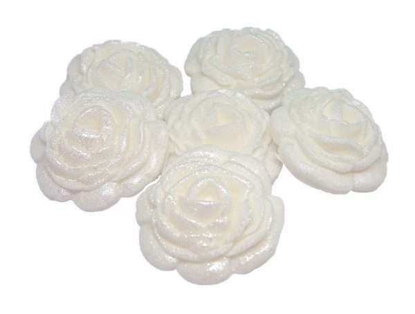 Inked6 Large White These large roses look great on either cupcakes or added to your cake. We have slightly glittered them for an added appeal. As with all our decorations these are fully edible and ideal for all occasions. Other sizes are available within alternative listing. Approx Size 3.5 cm wide