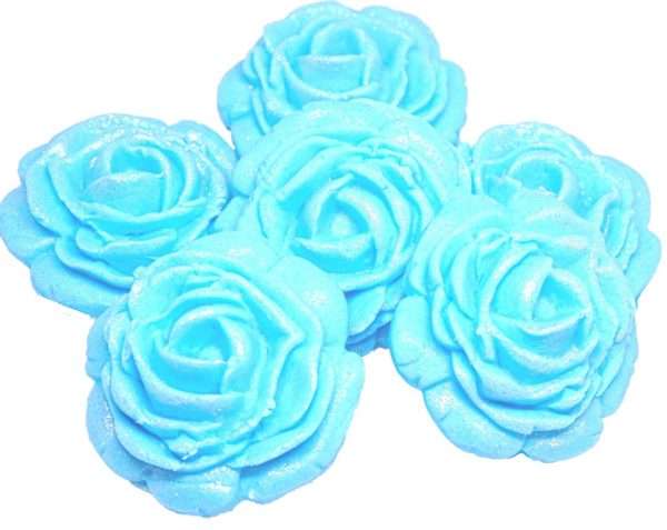 Inked6 Large blue Rosesjpeg LI These large roses look great on either cupcakes or added to your cake. We have slightly glittered them for an added appeal. As with all our decorations these are fully edible and ideal for all occasions. Other sizes are available within alternative listing. Approx Size 3.5 cm wide