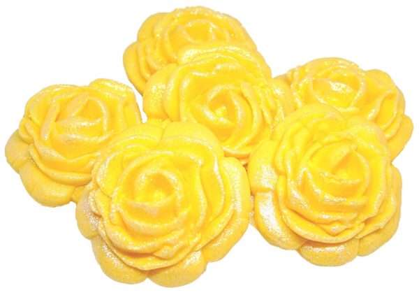 Inked6 large yellow Rosesjpeg LI These large roses look great on either cupcakes or added to your cake. We have slightly glittered them for an added appeal. As with all our decorations these are fully edible and ideal for all occasions. Other sizes are available within alternative listing. Approx Size 3.5 cm wide