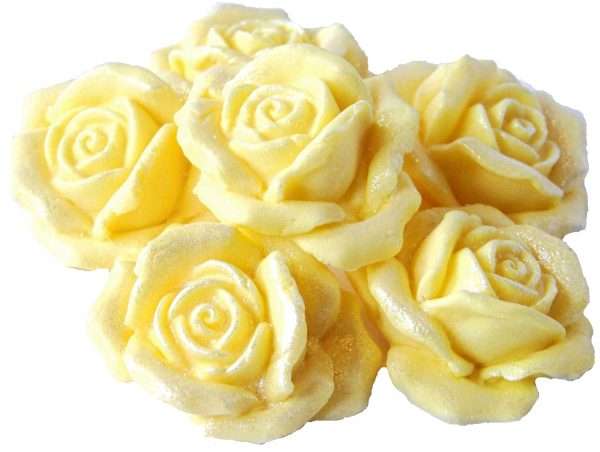 Inked6 lemon lge rosesjpeg LI So, there is a wedding cake to decorate or perhaps some birthday cupcakes that need a bit of glitter? These lovely large, coloured roses will create that big hit you are looking for. 6 Large Edible Rose Flower available in a great range of colours to choose from • Approx Size: 4cm to 3cm depth 2cm