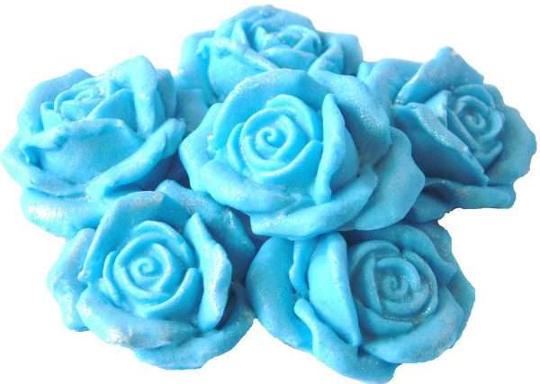 Inked6 light blue lge rosesjpeg LI So, there is a wedding cake to decorate or perhaps some birthday cupcakes that need a bit of glitter? These lovely large, coloured roses will create that big hit you are looking for. 6 Large Edible Rose Flower available in a great range of colours to choose from • Approx Size: 4cm to 3cm depth 2cm