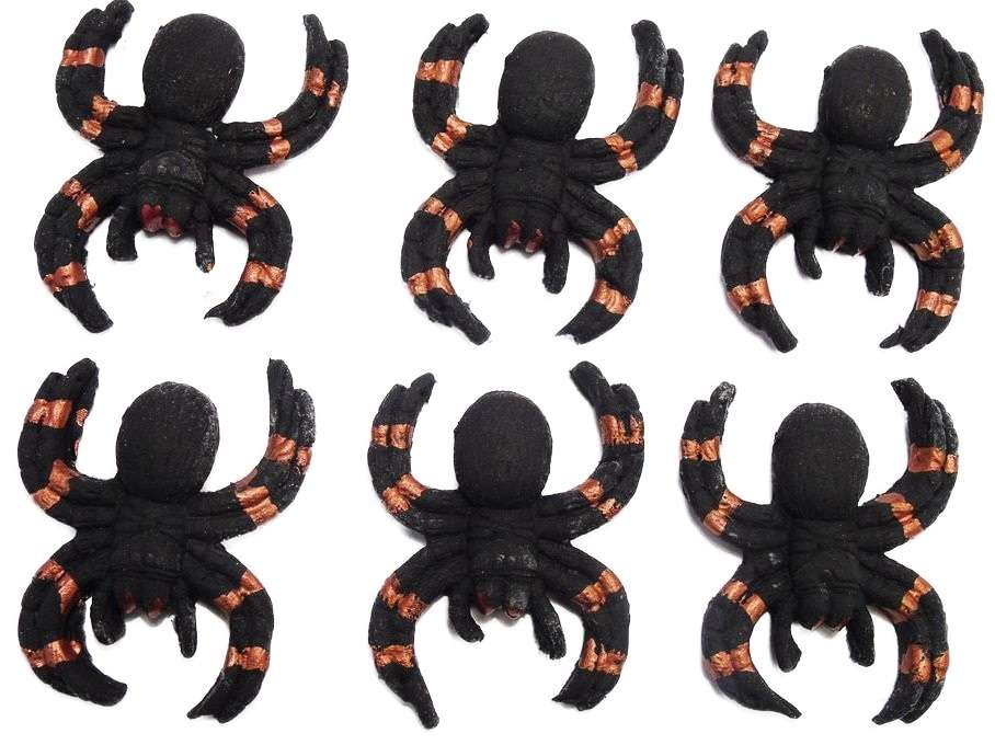 Inked620Spidersjpeg LI Scare friends and family with these large edible Spiders, perfect for that special Halloween Party or even a Harry Potter Birthday. Simply place on top of your cupcakes or cake decorations will really help your bakes really stand out at the party. Edible Halloween Cupcake Cake Decorations 6 Large Spiders, ideal decorations also for a Harry Potter birthday cake toppers. Pack of 6 Approx Size: 6 cm by 4 cm