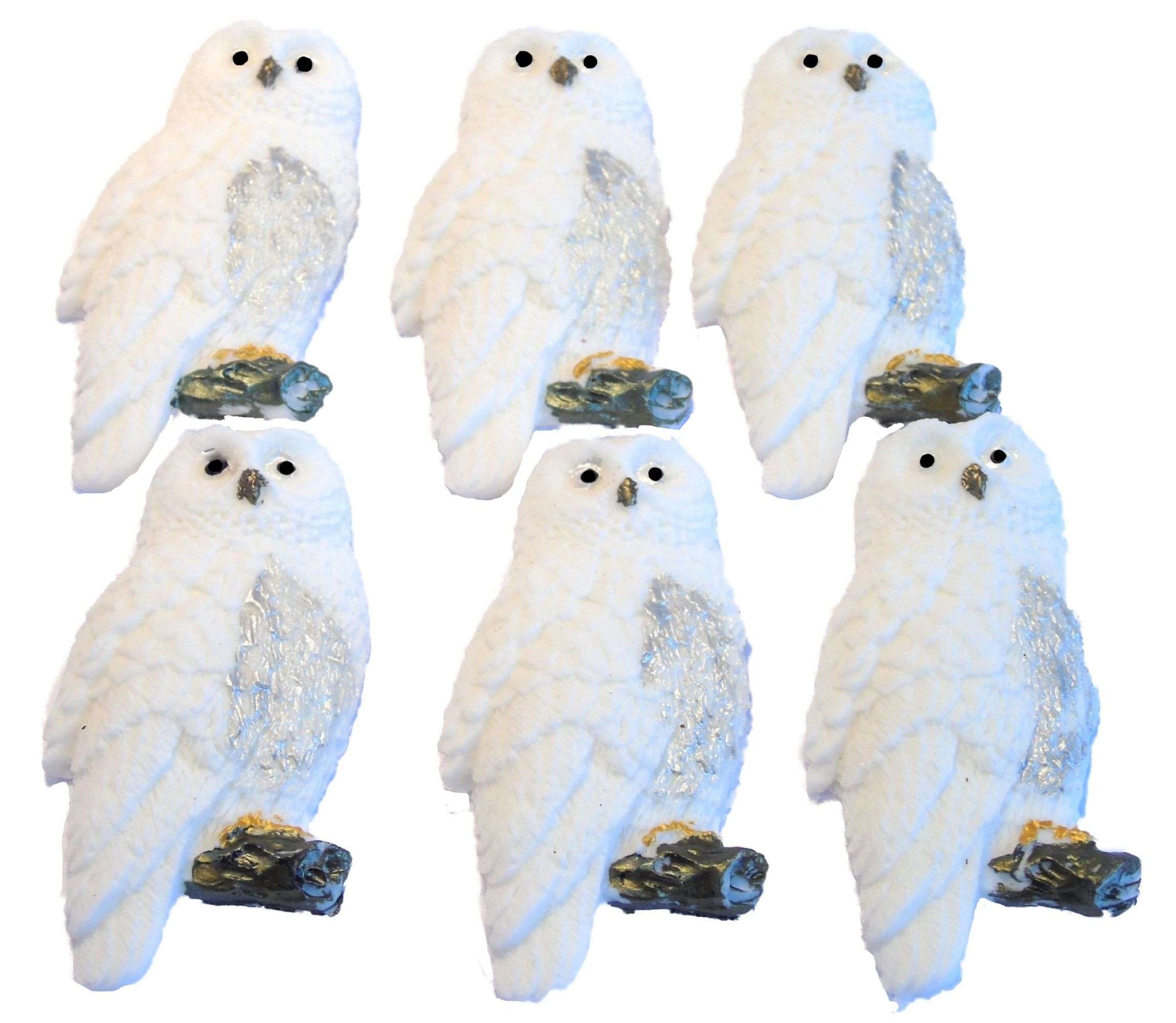 Inked620owls20JPEG1 LI Your cupcake and cake bakes are sure to be a big hit when decorated with these lovely white owls. These gone down a treat at harry potter or Halloween parties. Each one is hand painted with lovely edible paint. If you would prefer different colour owls, please let us know by adding a note to your order. 6 cute white owls cupcake topper decoration, ideal cupcakes, and cake topper decorations for Birthday, Approx Size: 7cm -3cm