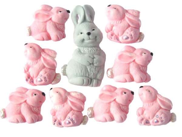 InkedMum rabbit and Pink babies jpeg LI 1 These unique cake decorations are ideal and suitable for Easter, Mother’s Day and a Baby Shower to be used as cake decorations or cupcake toppers they are sure to please everyone. Set consists of 1 mother and 8 baby rabbits. Pack of rabbits contains: 8 edible Baby Rabbits – in sets of 4 left and 4 right and 1 mother rabbit Colours available: Pink, Blue and Grey. mother rabbit Grey only ·Approx Sizes: Baby rabbits: 3 cm - 3 cm - Mother rabbit: 6 cm -3 cm