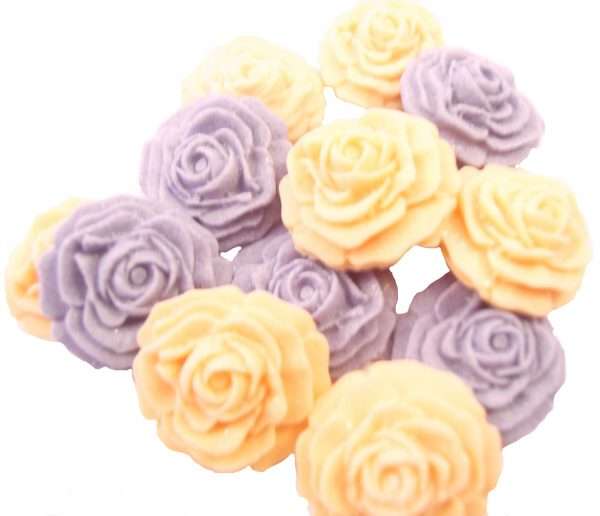 InkedR 152 PPH 12purple peach roses LI This selection of edible small roses is shown in mixed sets, we do have them available in single colours under a separate listing. All are glittered and due to their size are extremely popular as cake fillers. These roses make Ideal cupcake and cake topper decorations for Weddings, Birthdays, Valentine and Anniversary. We hand make all our own decorations. Approx Size 2 cm