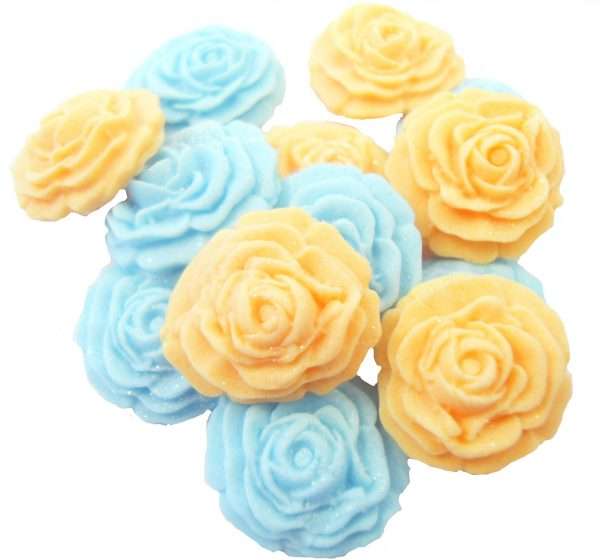 InkedR 153 BPH 12blue peach roses LI This selection of edible small roses is shown in mixed sets, we do have them available in single colours under a separate listing. All are glittered and due to their size are extremely popular as cake fillers. These roses make Ideal cupcake and cake topper decorations for Weddings, Birthdays, Valentine and Anniversary. We hand make all our own decorations. Approx Size 2 cm