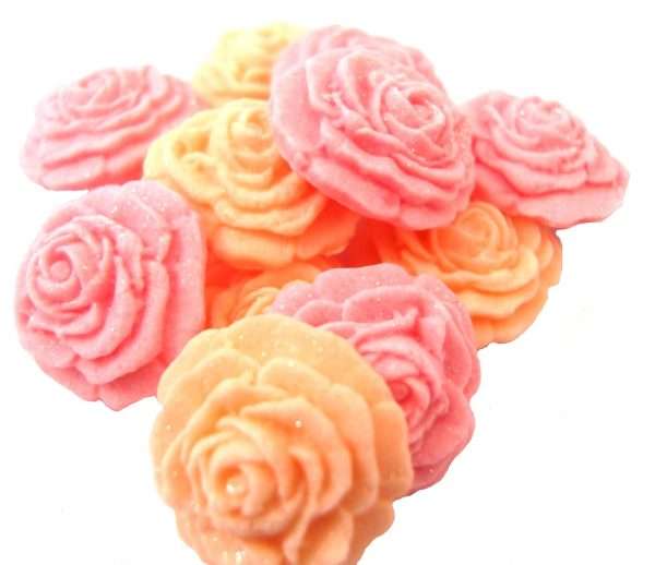 InkedR 155 PPH 12peach pink roses LI This selection of edible small roses is shown in mixed sets, we do have them available in single colours under a separate listing. All are glittered and due to their size are extremely popular as cake fillers. These roses make Ideal cupcake and cake topper decorations for Weddings, Birthdays, Valentine and Anniversary. We hand make all our own decorations. Approx Size 2 cm