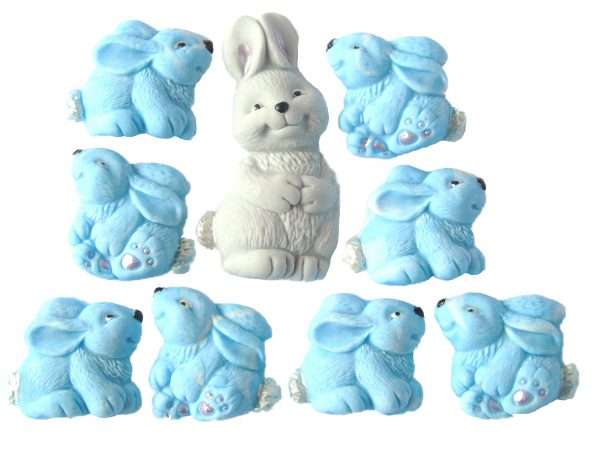 Inkedmum rabbit and blue babies jpeg LI These unique cake decorations are ideal and suitable for Easter, Mother’s Day and a Baby Shower to be used as cake decorations or cupcake toppers they are sure to please everyone. Set consists of 1 mother and 8 baby rabbits. Pack of rabbits contains: 8 edible Baby Rabbits – in sets of 4 left and 4 right and 1 mother rabbit Colours available: Pink, Blue and Grey. mother rabbit Grey only ·Approx Sizes: Baby rabbits: 3 cm - 3 cm - Mother rabbit: 6 cm -3 cm