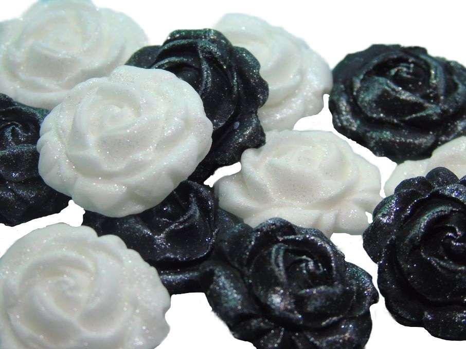 Inkednew small roses black whiteJpeg LI Do you require cupcake toppers for your celebration bakes? Then choose from our wide selection of coloured, glittered and totally edible roses. They always go down well at parties. 12 Glittered Coloured Roses available in mixed colours We also have listing for single colours if required. These roses are also great cake fillers. Large selection of colours to choose from Approx Size 2.5 cm
