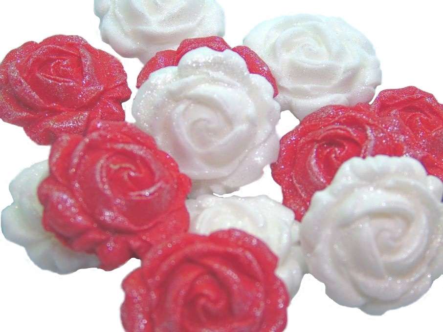 Inkednew small roses red whiteJpeg LI Do you require cupcake toppers for your celebration bakes? Then choose from our wide selection of coloured, glittered and totally edible roses. They always go down well at parties. 12 Glittered Coloured Roses available in mixed colours We also have listing for single colours if required. These roses are also great cake fillers. Large selection of colours to choose from Approx Size 2.5 cm