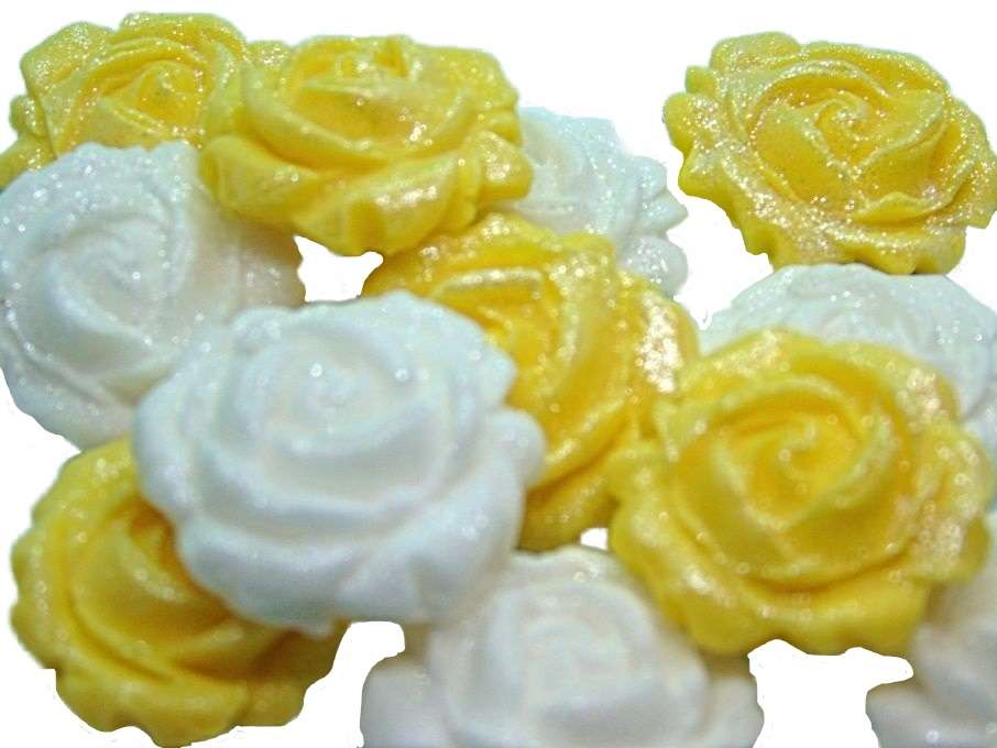 Inkednew small roses yellow whiteJpeg LI Do you require cupcake toppers for your celebration bakes? Then choose from our wide selection of coloured, glittered and totally edible roses. They always go down well at parties. 12 Glittered Coloured Roses available in mixed colours We also have listing for single colours if required. These roses are also great cake fillers. Large selection of colours to choose from Approx Size 2.5 cm