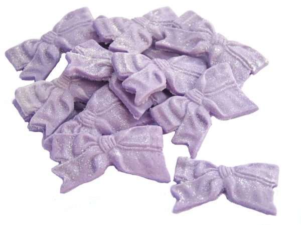 Inkedpurple fine bows LI If you are looking for something that is glittered, edible and fine, then these lovely fine bows will really set off your cupcakes and cakes. To help you choose we have a selection of colours to choose from and are ideal for a variety of celebrations. Approx Size: 3cm -2cm
