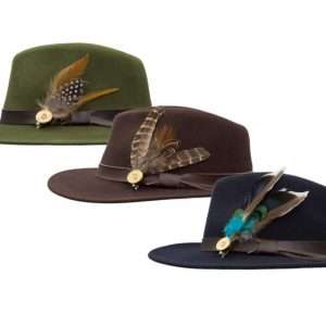 Walker & Hawkes - Unisex Hanbury Fedora Crushable Felt Hat with Leather Trim and Cartridge Feather Brooche