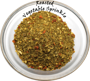 Roasted vegetable Sprinkle no logo This popular So Good Roasted Vegetable Sprinkle mix with red bell peppers, onion, garlic and herbs. Use it on meat, chicken, fish or vegetables. It is fantastic as garnish on vegetable skewers on the BBQ and on a jacket potato. <b><u>Ingredients: </u></b> Salt, Dehydrated Vegetable (Red Bell Pepper, Onion - Irraded, Garlic-irradiated) Herbs, Spices and Spice Extracts, Vegetable Oil (Canola Seed), Anticaking Agent <b><u>Allergens: None</u></b> <b>May contain allergens</b> So Roasted Vegetable Sprinkle is manufactured on premises where Cow's Milk, Egg, Mustard, Soy, Wheat Gluten are used.