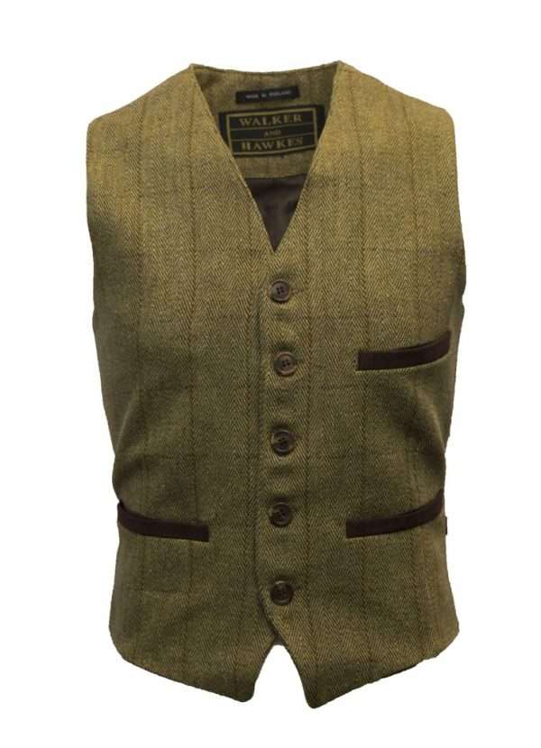 TWEED DRESS GILET LIGHT Internal Lining is 100% Polyester. Outer jacket is made from 60% Wool, 25% Polyester 11% Acrylic and 4% composed of other fibres, making this jacket top quality fabric. Other features include two front welt pockets, 5 button closure, Cotton moleskin trimming around the pockets, and back 'cinch' adjuster